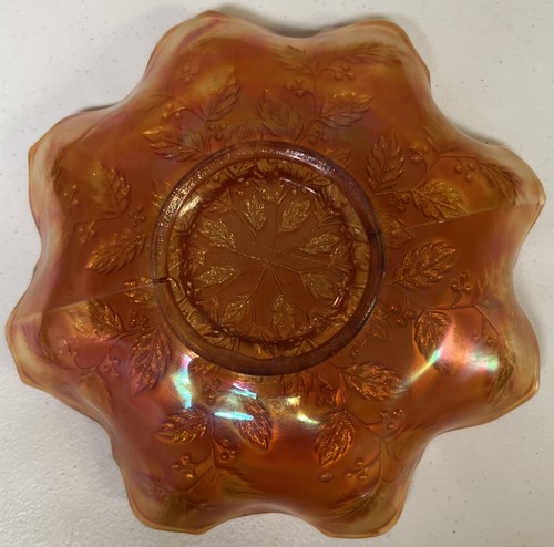Fenton Carnival Glass Ruffled Bowl Holly Leaf Pattern Marigold Amber 9" - Picture 3 of 5