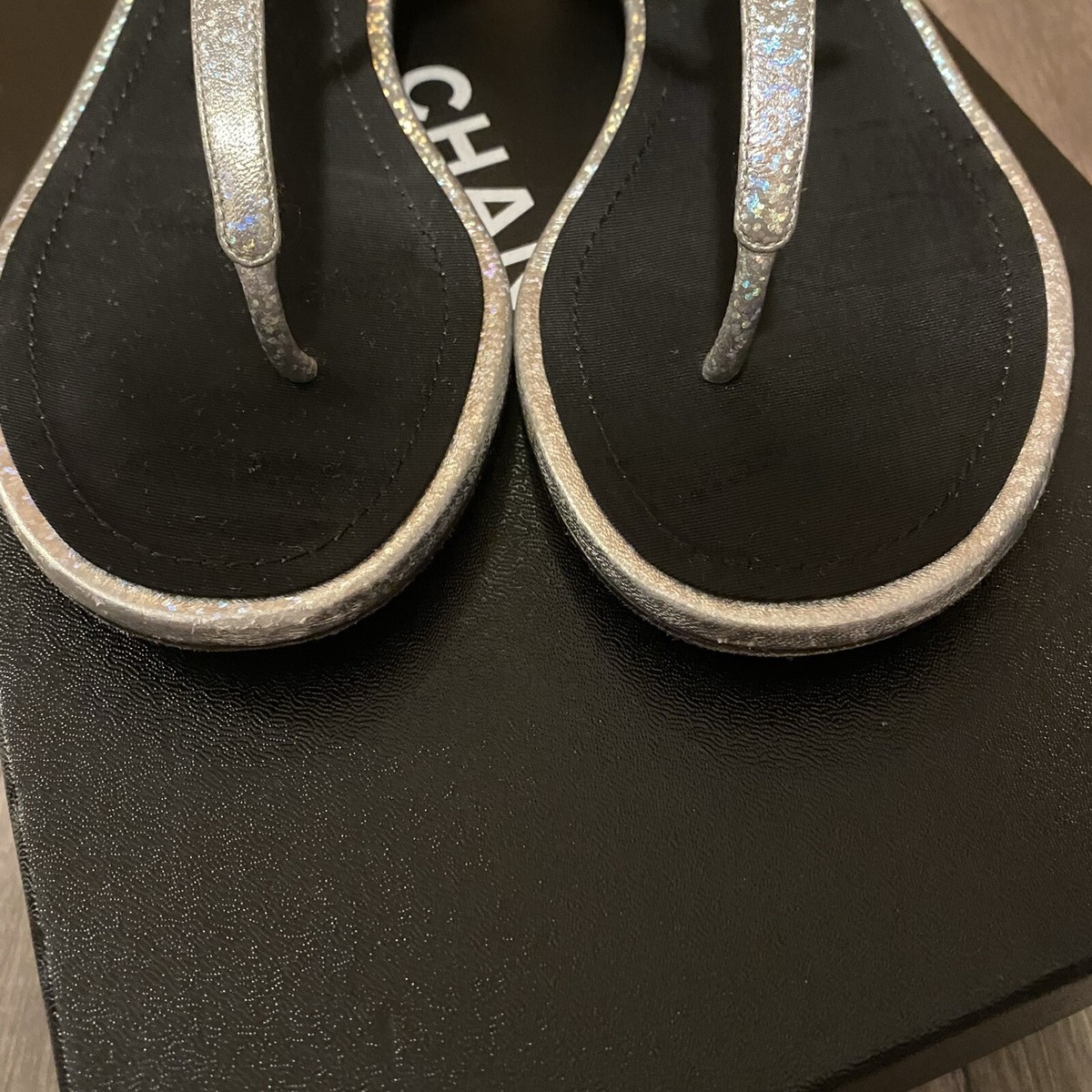 Auth. Chanel silver/black iridescent CC thong sandal EU36.5 US6 | eBay