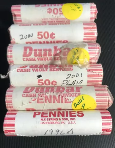 6 rolls of BU Lincoln cents 2- 2000 P, 3- 2001 P, 1- 1996 D