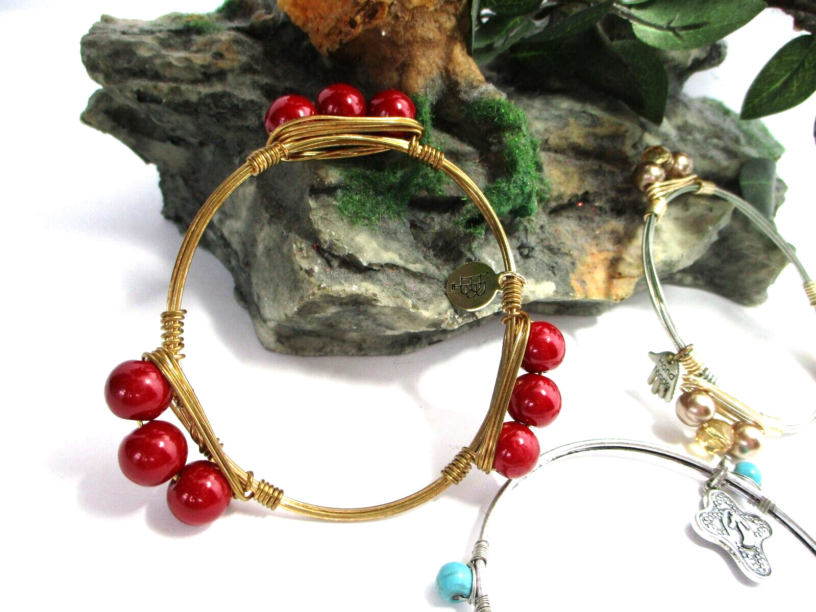 Three Bangle Bracelets Gold and Silver With Red, … - image 2
