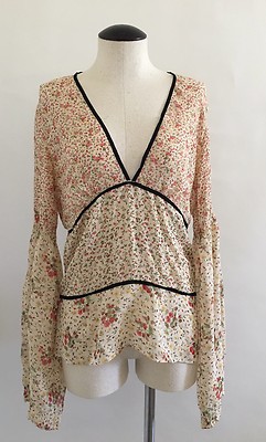 DKYN Floral  Tiered 100% Silk Boho Peasant Bell Sleeve Shirt Top Blouse Size 4