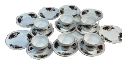 6 Duchess Bone China Tea Cups Saucers Bread Plates Burgundy White floral roses