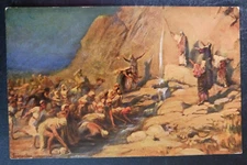 vtg postcard Moses Smites Rock for Water Leinweber Holy Scripture Art Publishers