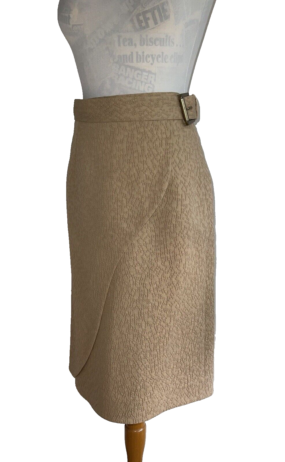 Gonna avvolgente Yves Saint Laurent 38 seta lana cemento tessuto testurizzato fibbia antica