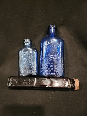 Vintage 5'' &  7  Cobalt Blue Glass Milk Of Magnesia Bottle, Plus Extra Bottle