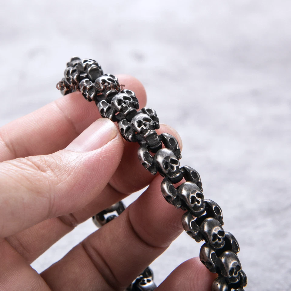 Brazalete de cadena de eslabones de calavera de acero inoxidable premium para hombre Gunmetal retro metal antiguo Foto 2 de 4