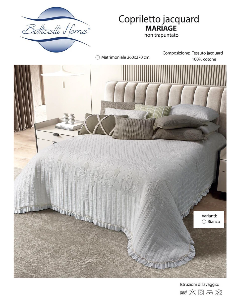Couvre-lit Lin Blanc Brodé Main - Taille King 280x295 Cm - Romance Florale - Italie