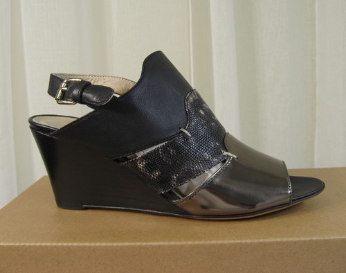 NEW AGL Womens Triple Leather/Patent Wedge Slingback Sandal EU 39.5/US 9.5 Black - Picture 3 of 12