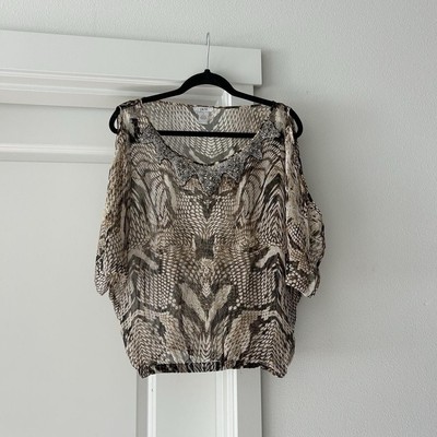 Cache 100% silk animal print cold shoulder sinched beaded blouse