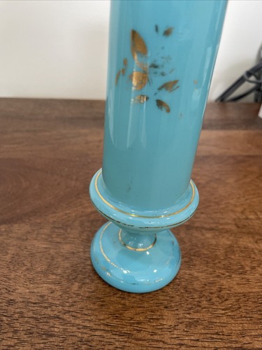 Antique Opaline Glass Vase Hand Painted Turquoise Blue Gold Floral 7” Estate Fi - Picture 6 of 14