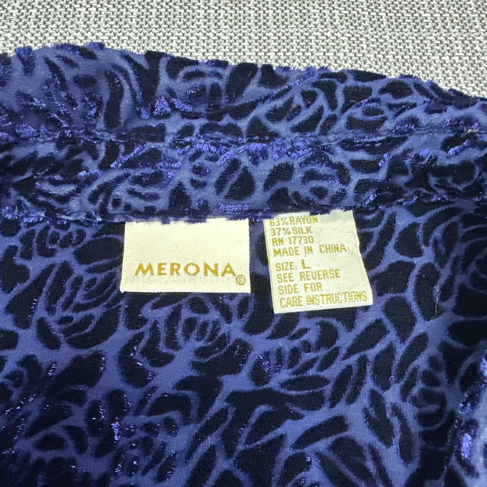 Merona Burnout Top Womens Large Blue Roses Mother of Pearl Buttons Sheer Silk - Image 2 of 4