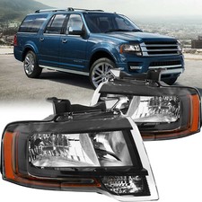 For 2015-2017 Ford Expedition Black Reflector Halogen Headlights Pair Left+Right