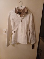 womens casual weather jacket size m white and beige trim with hood