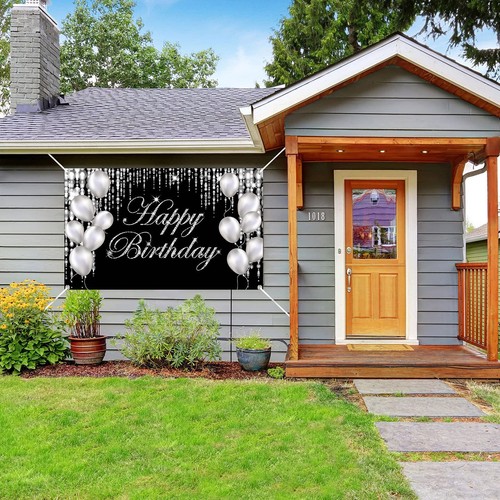 Silver Black Happy Birthday Backdrop Banner Photography Background Party Decor - Picture 3 of 6