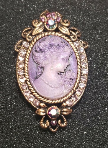 Purple Cameo made with Swarovski Crystal Victorian Style Pin Brooch 2"