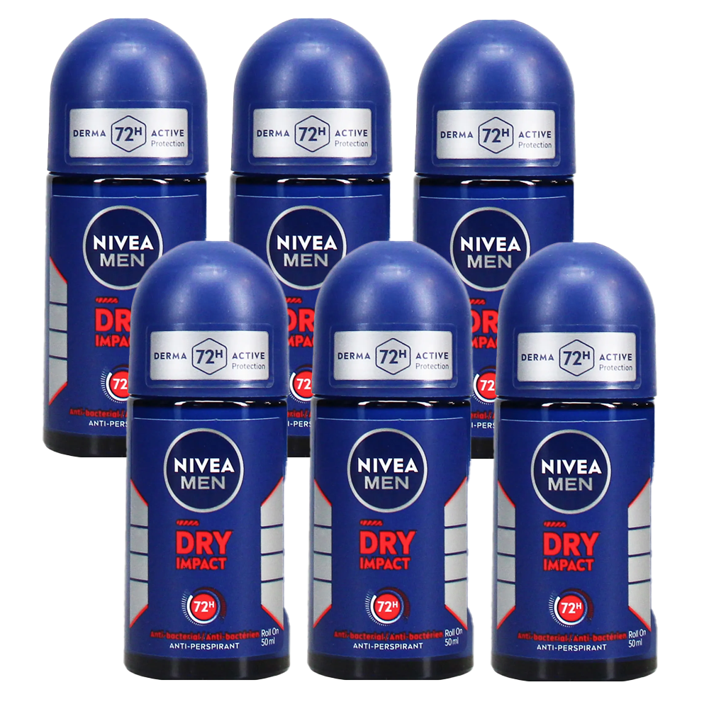 6 x 50ml Nivea Men Dry Impact Anti-Perspirant Deodorant Roll On 72h Protection