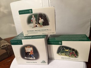 Dept 56 Heritage Village 3 Piece Lot Painting Sign, house painter , Bicycle 