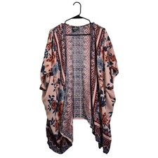 Angie Floral Kimono Cardigan Pink Blue Boho Open Front Cover Up Women's Size L