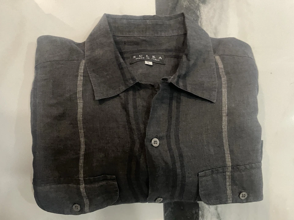 Sulka Made In Italy 100% Linen Shirt Men L Gray - Image 3 of 4