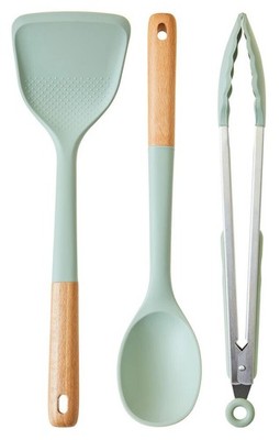 3 Stück Modern Silikon Utensilien Set Salbeigrün Hitzebeständig Antihaft Geschenk Neu