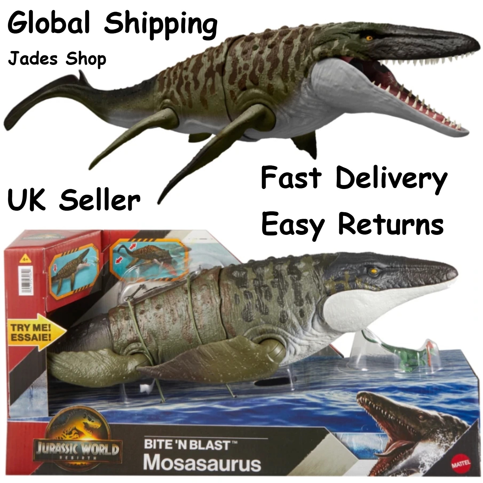 Jurassic World Rebirth Bite N Blast Dinosaur Action Figure Toy Gift - Mosasaurus