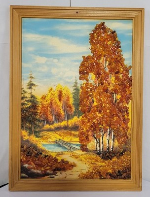 Framed Vintage Handmade USSR Soviet Amber Landscape Art 9.5