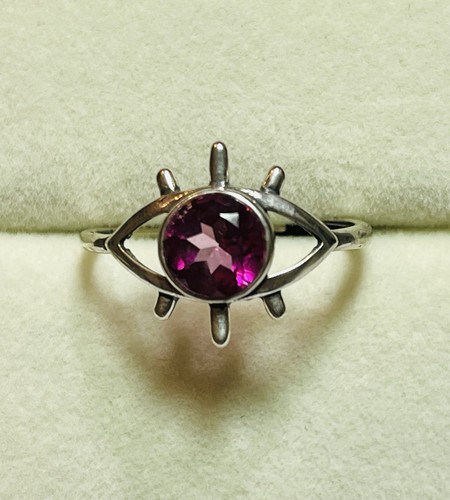 925 Sterling Silver Natural Pink Topaz Evil Eye Ring - Picture 3 of 12