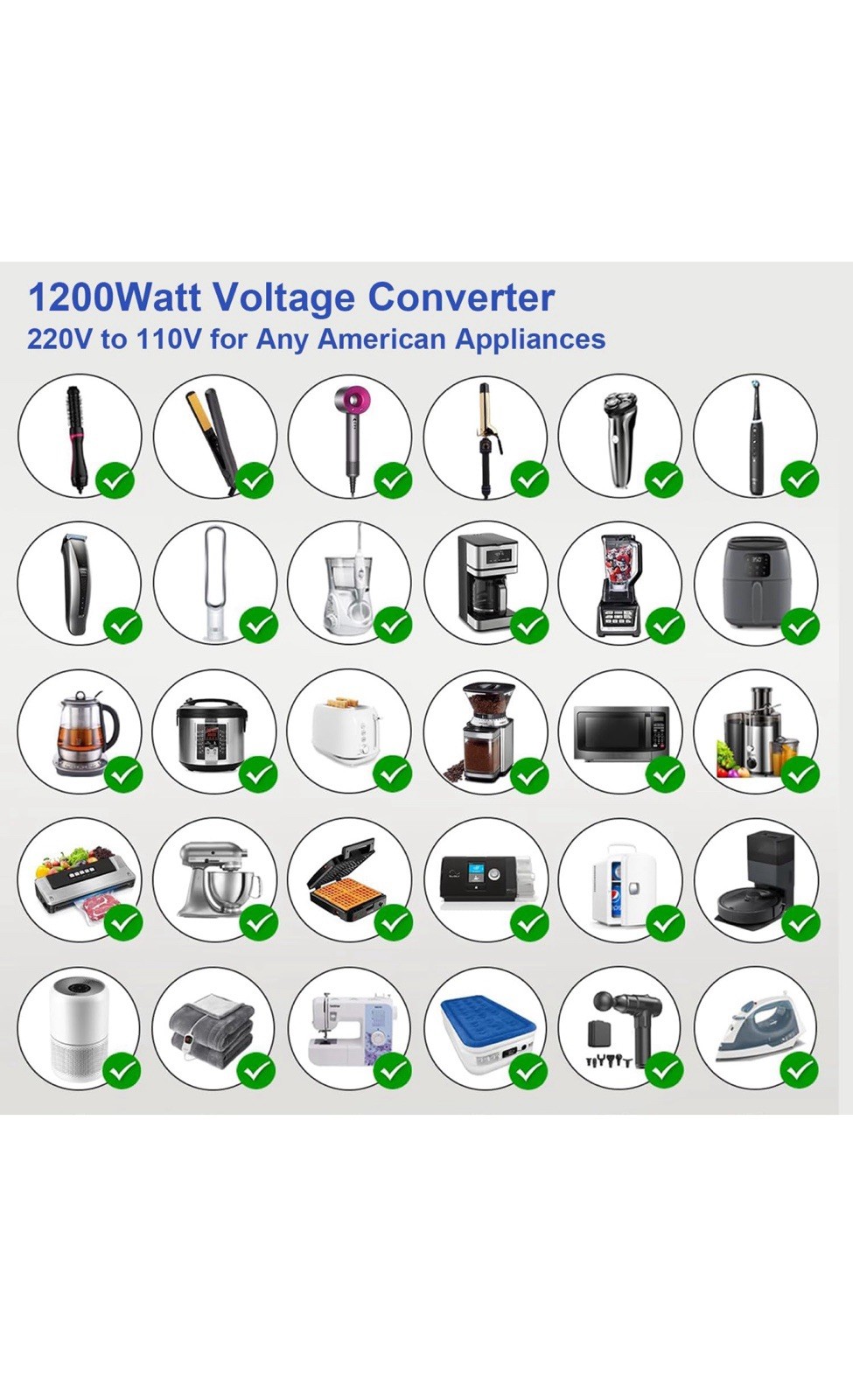 1200W Universal Travel Adapter Converter Step-Down 220V to 110V, Pure Sine Wave