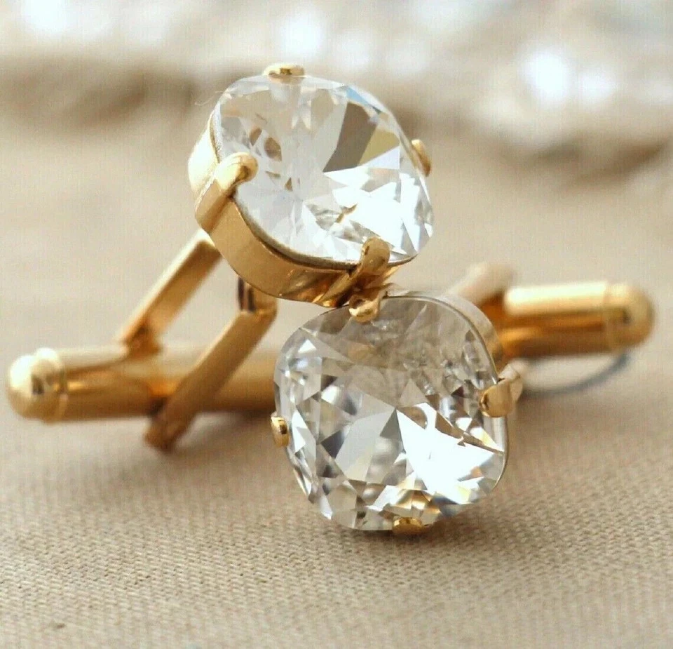 2 CT Lab Created Diamond Cushion Men's Cufflinks 14k Yellow Gold Plated Silver - Image 4 of 4