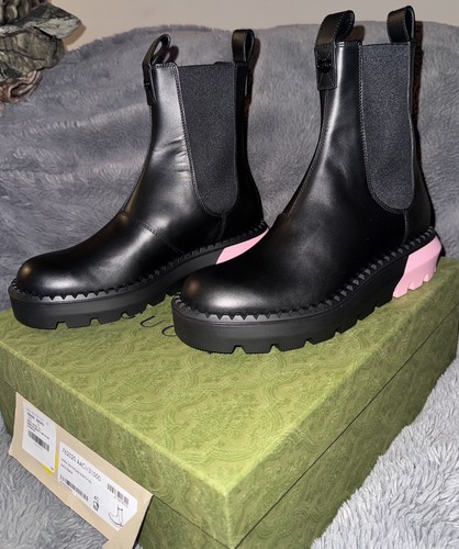 Gucci Leather Sierra Stretch Rib Ankle Black Boots Pink Heel Women Size 10 US