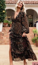 Baltic Born Women's Black Floral Bowman Deep V Maxi Dress NWT Sz L