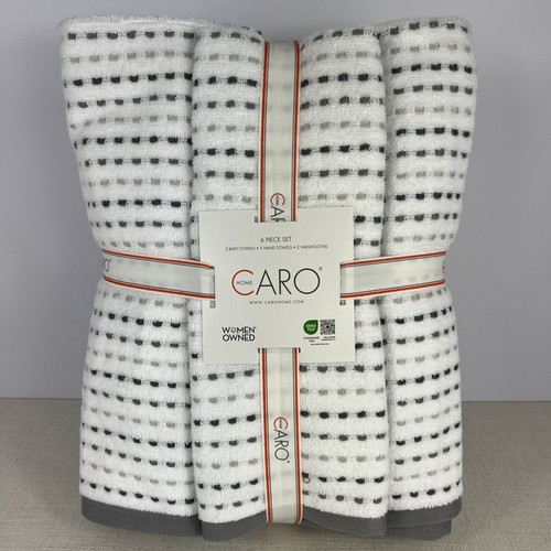 Caro Home Bath Towel Set Gray White 2 Bath 2 Hand 2 Wash 100% Cotton Soft 6 Pc