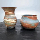 NILOAK MISSION SWIRL TYPE Arts Crafts Style Antique 2 Pottery Vases (1 repaired)