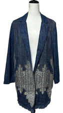 Chicos Jacket Large 2 Blue Denim Embroidered Artisan Stitch Long Line Open Boho