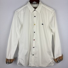 Burberry White Check Trim Logo Button Dress Shirt Slim Fit Mens M