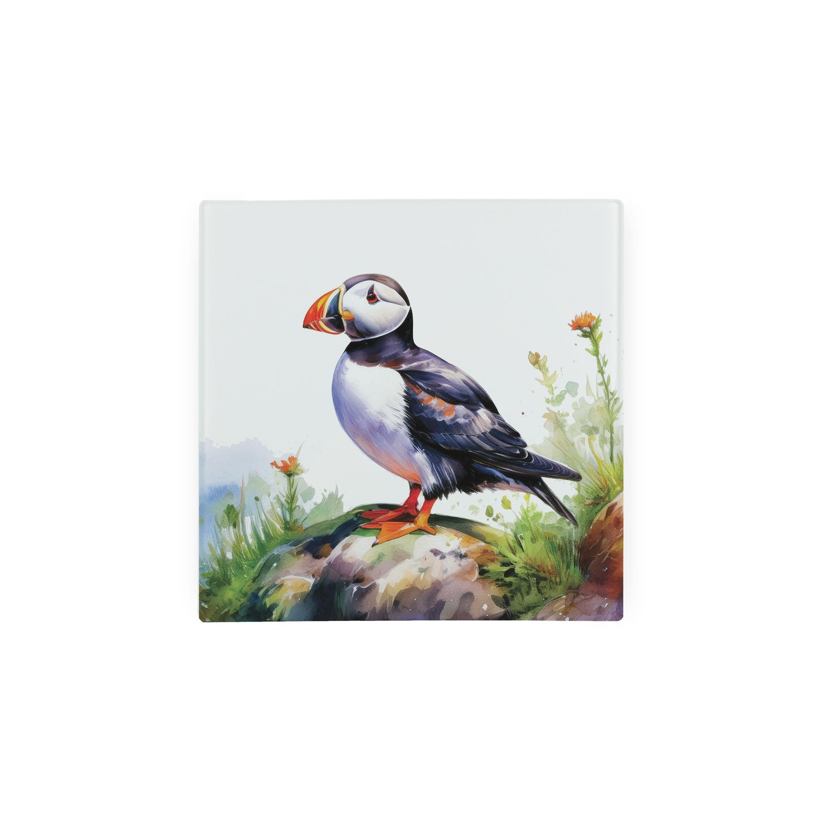Puffins Glass Square Hot Pot Stand/Trivet - Coastal Birds Kitchen Gifts