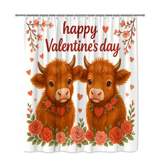 Cute Valentine's Day Shower Curtain with Brown Cows and Floral Design