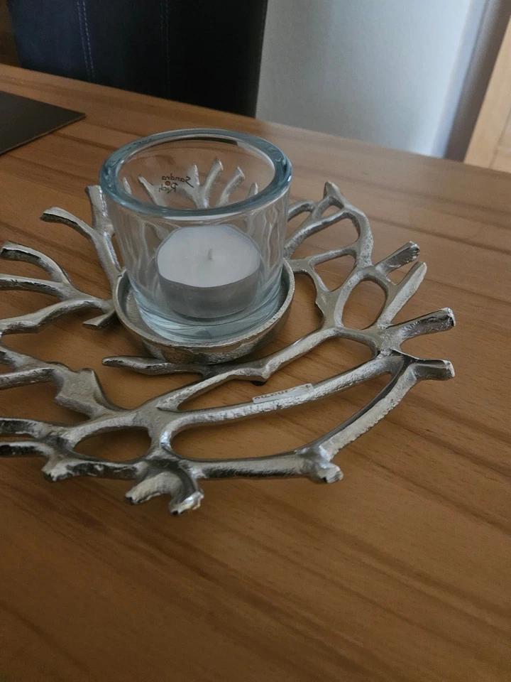 Deko Kranz / Teller  rund Metall mit Windlicht Silber Kerzenleuchter  27 cm - Bild 3 von 4