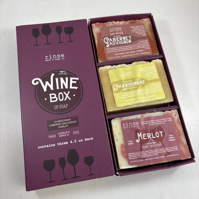 Rinse Bath & Body Co Wine Box of Soap 3 Bars Chardonnay Cabernet Merlot 120g/eac