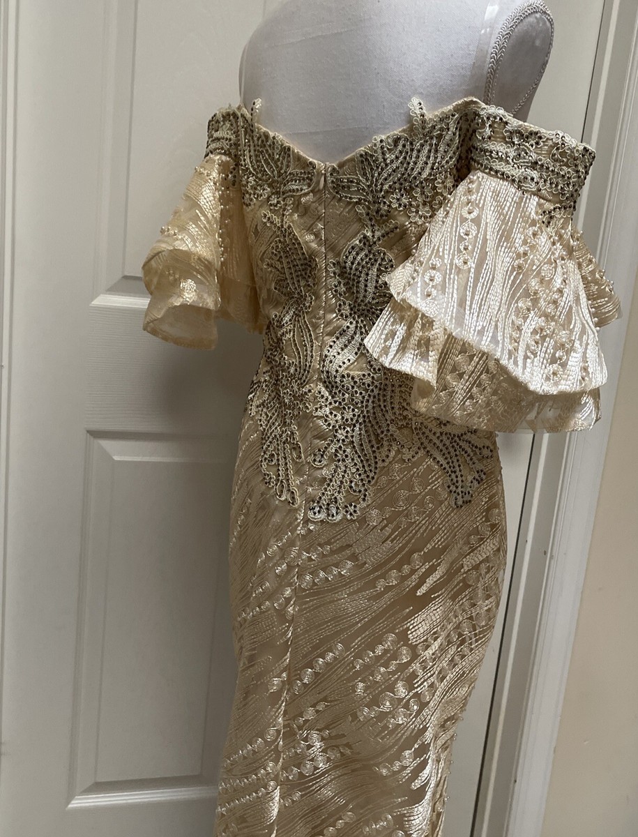 filipiniana dress gold Filipiniana Off Shoulder Dress Embroidered With Beads Gold Large
