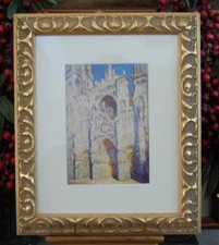 VTG 1980'S FRAMED CLAUDE MONET COLOR PRINT OF "ROUEN CATHEDRAL, BRIGHT SUNSHINE"