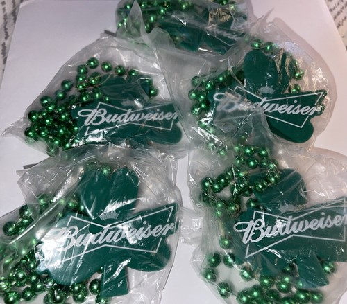 Budweiser Solid Green Shamrock St. Patrick’s Day Mardi Gras Beads Lot X5 New - Picture 2 of 3