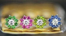 14k White Gold Flower Colored CZ Earrings