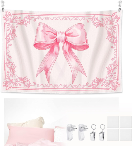 Coquette Pink Bow Tapestry, 60"x40" Wall Decor, Room Decor, Valentine's Day