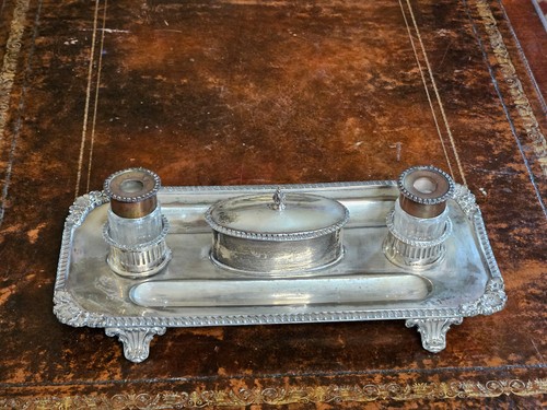 Silverplate Double Inkwell Footed - Picture 2 of 19