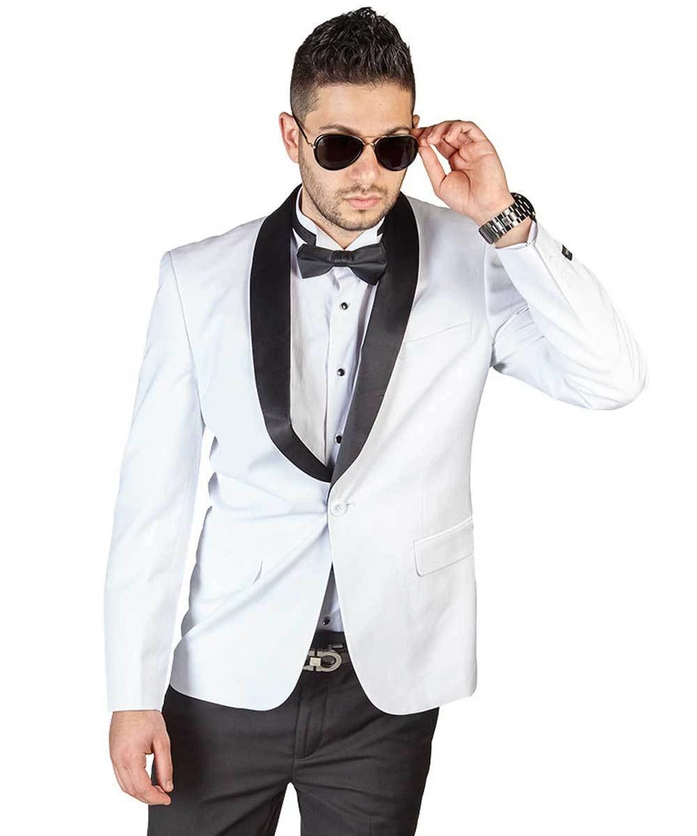 Mens white tuxedo store jacket with black lapels
