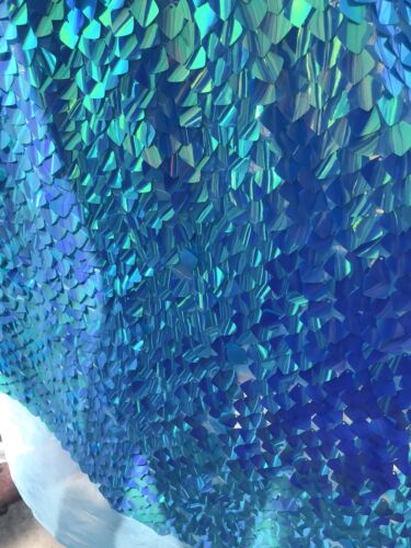 TURQUOISE IRIDESCENT SEQUINS-DRAGON SCALES EMBROIDER ON A MESH-SOLD BY THE YARD. - Picture 3 of 6