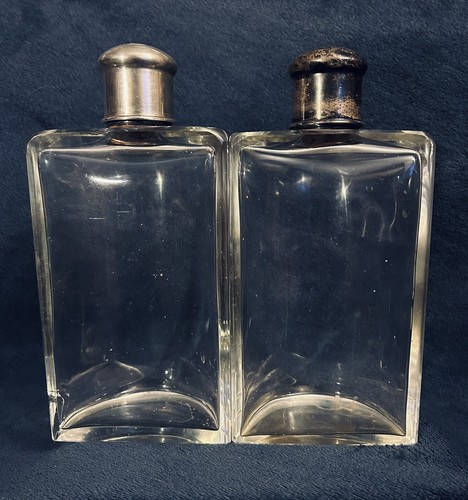 C-1900 Pair Glass British Colonial Bottles Decanters Flask Sterling Lids 9.5”H - Picture 3 of 20