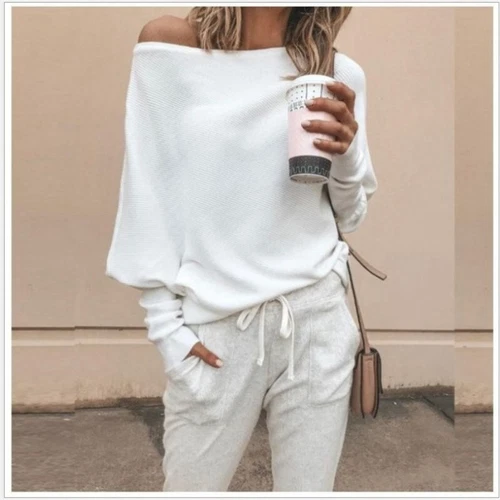 Damen One Shoulder Pullover Langarm Strick Bluse Pulli Pulli Damen Tops - Bild 5 von 19