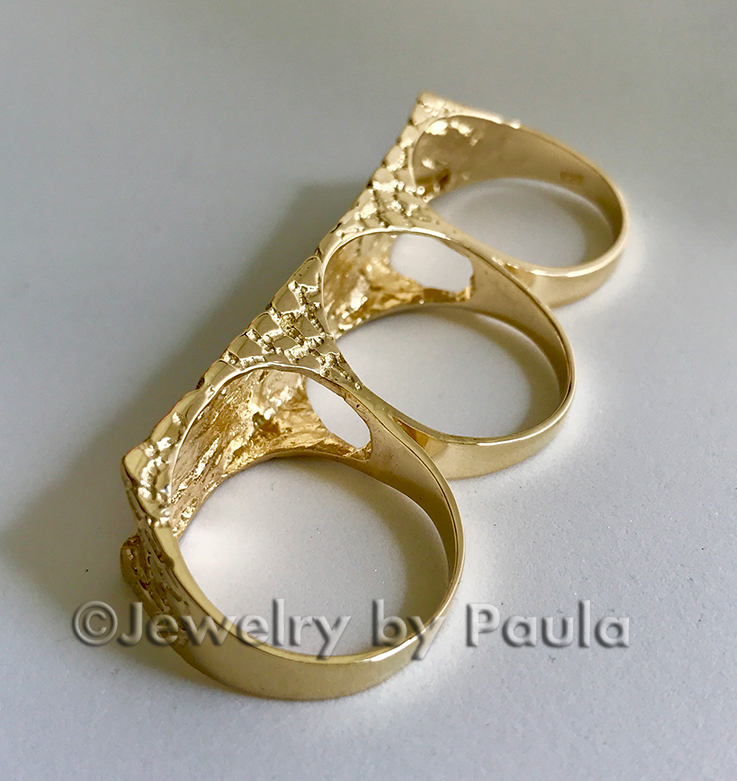 Men Bold 14k Solid Gold Nugget Design Three Finger Name Ring High